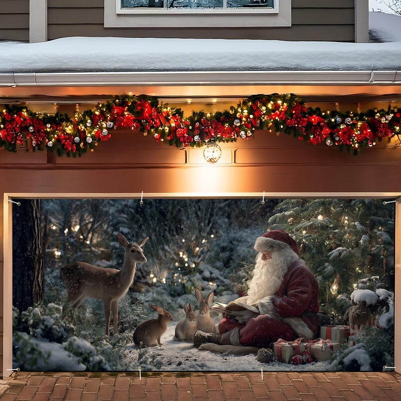 ANNA QUEEN Christmas Garage Door Banner 6×13 FT, Santa Reading Story to Forest Animals, Heart-Warming Holiday Scene, Outdoor Garage Decoration for Parties Home Decor - Image 1